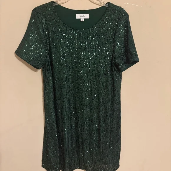 CeCe Emerald Green Sequin Godet Short Sleeve Shimmer Dress M - Picture 10 of 14